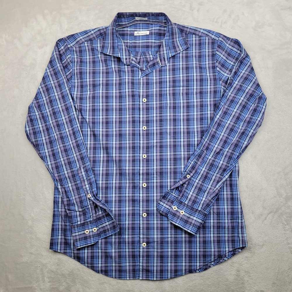 Peter Millar Shirt Men Large Dress Button Up Work Trucker Performance Blue Adult